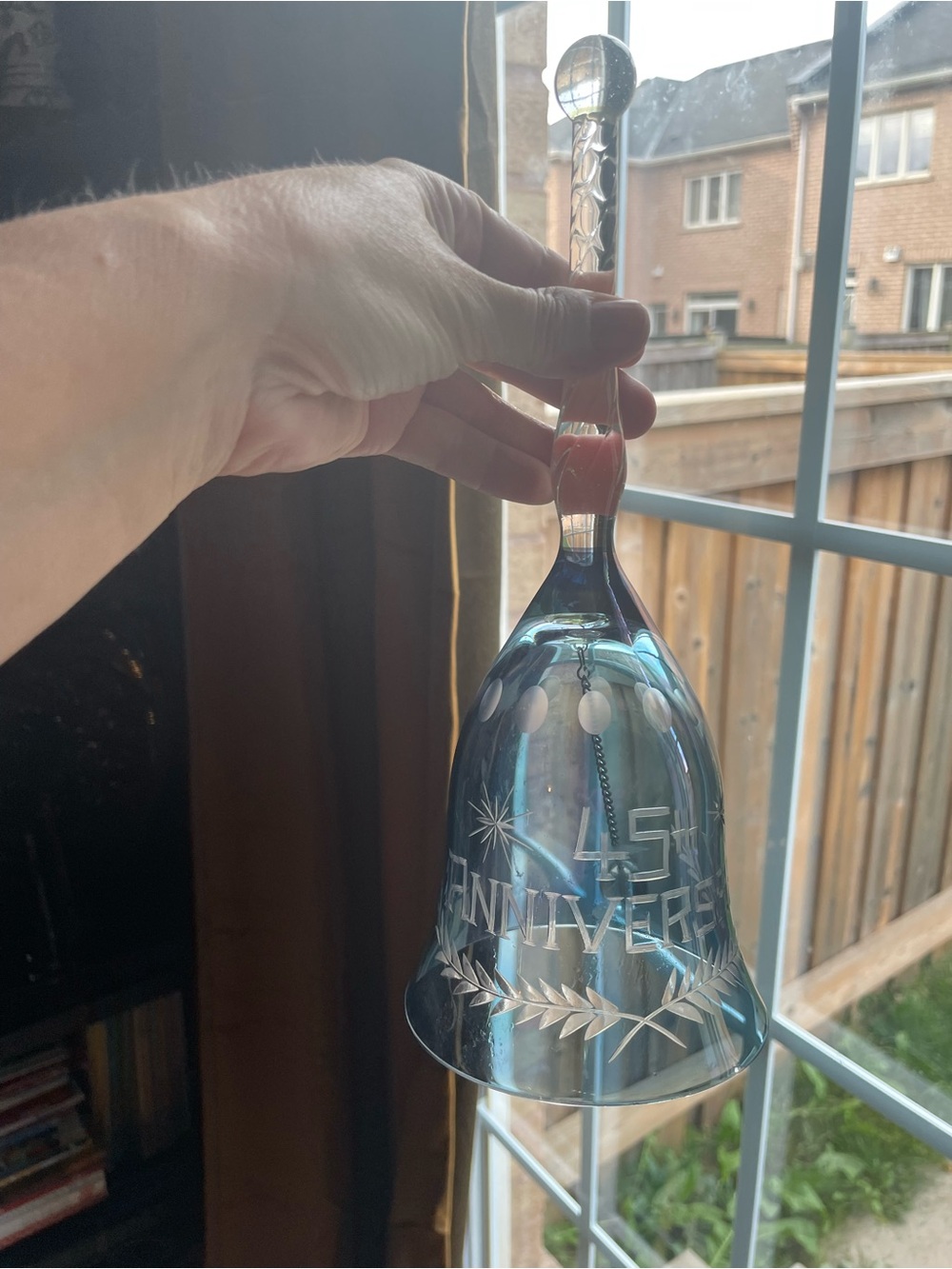 Anniversary Etched Blue Glass Bell - 45th Celebration